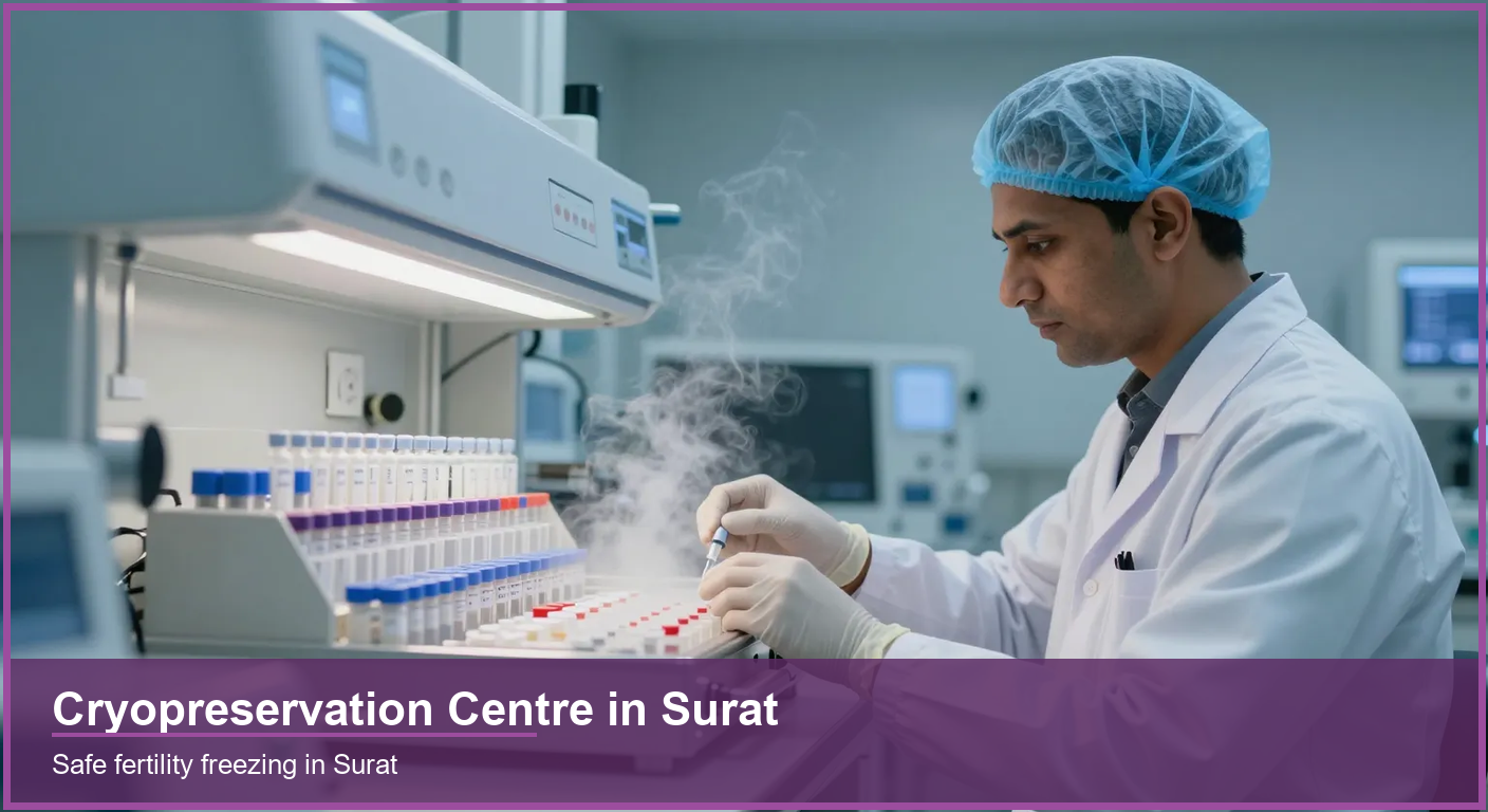 Cryopreservation Centre in Surat: Freezing for Fertility Embryologist handling frozen fertility samples at a cryopreservation centre in Surat